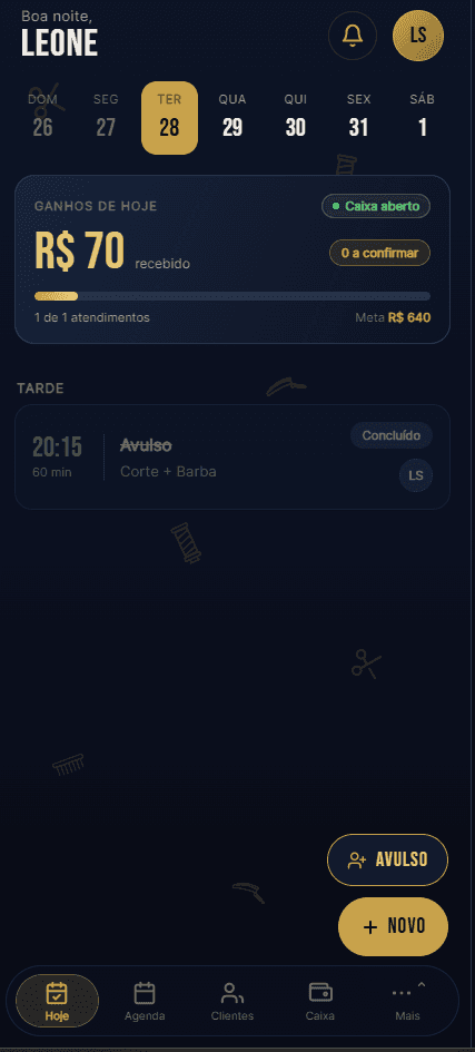 Tela Hoje no modo Barbearia, com meta do dia e caixa aberto