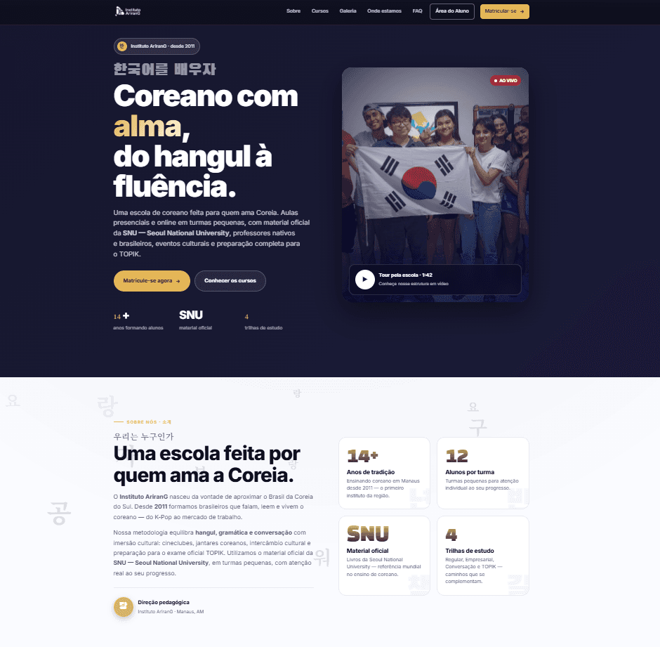 Site público do Instituto AriranG, com cursos e pré-inscrição
