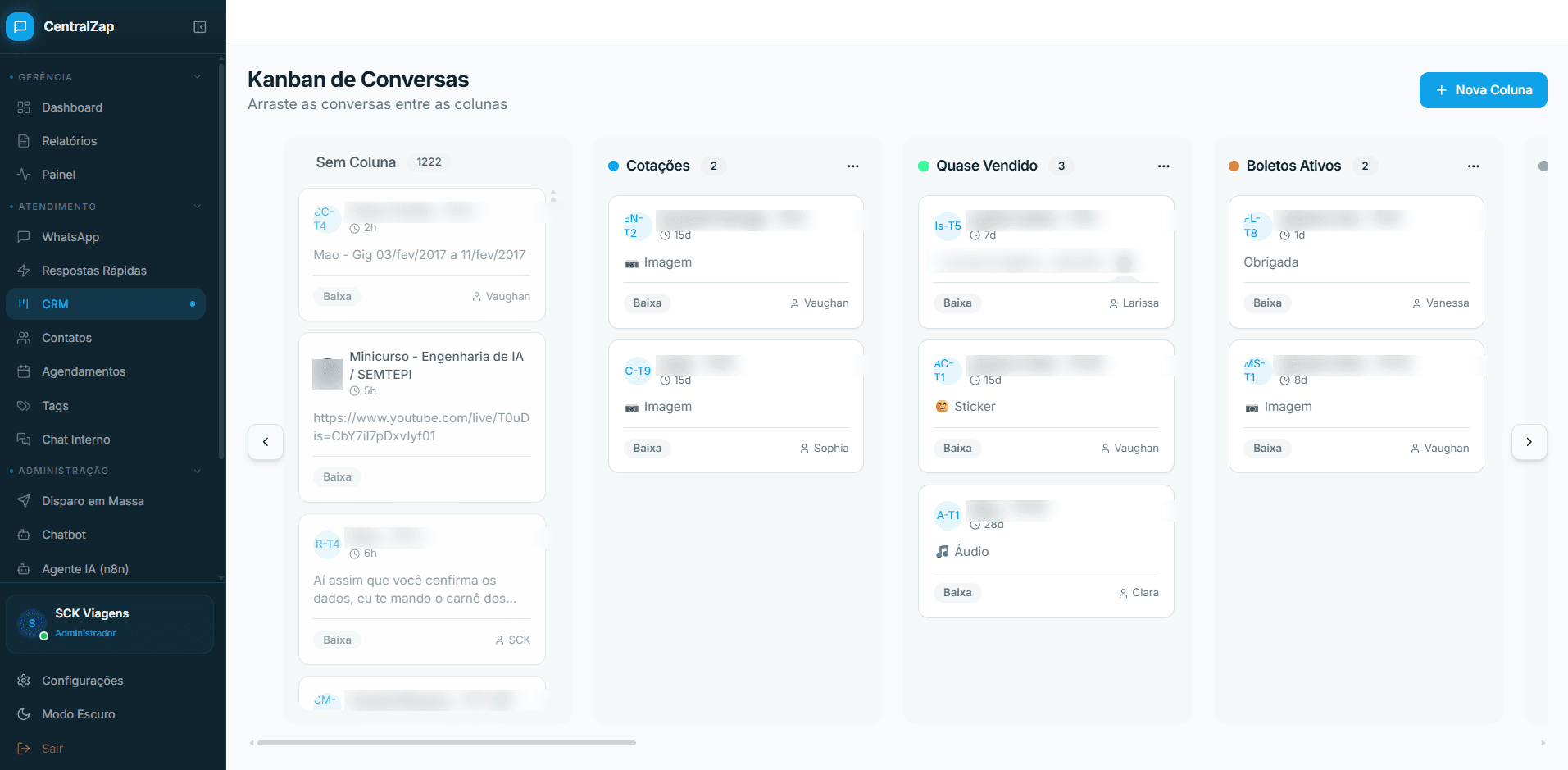 Kanban de conversas com colunas configuráveis