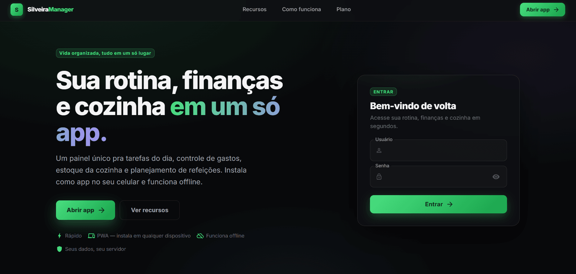 Página do produto: PWA instalável, offline e auto-hospedado