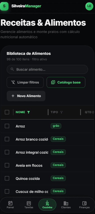 Cozinha: biblioteca de alimentos com cálculo nutricional